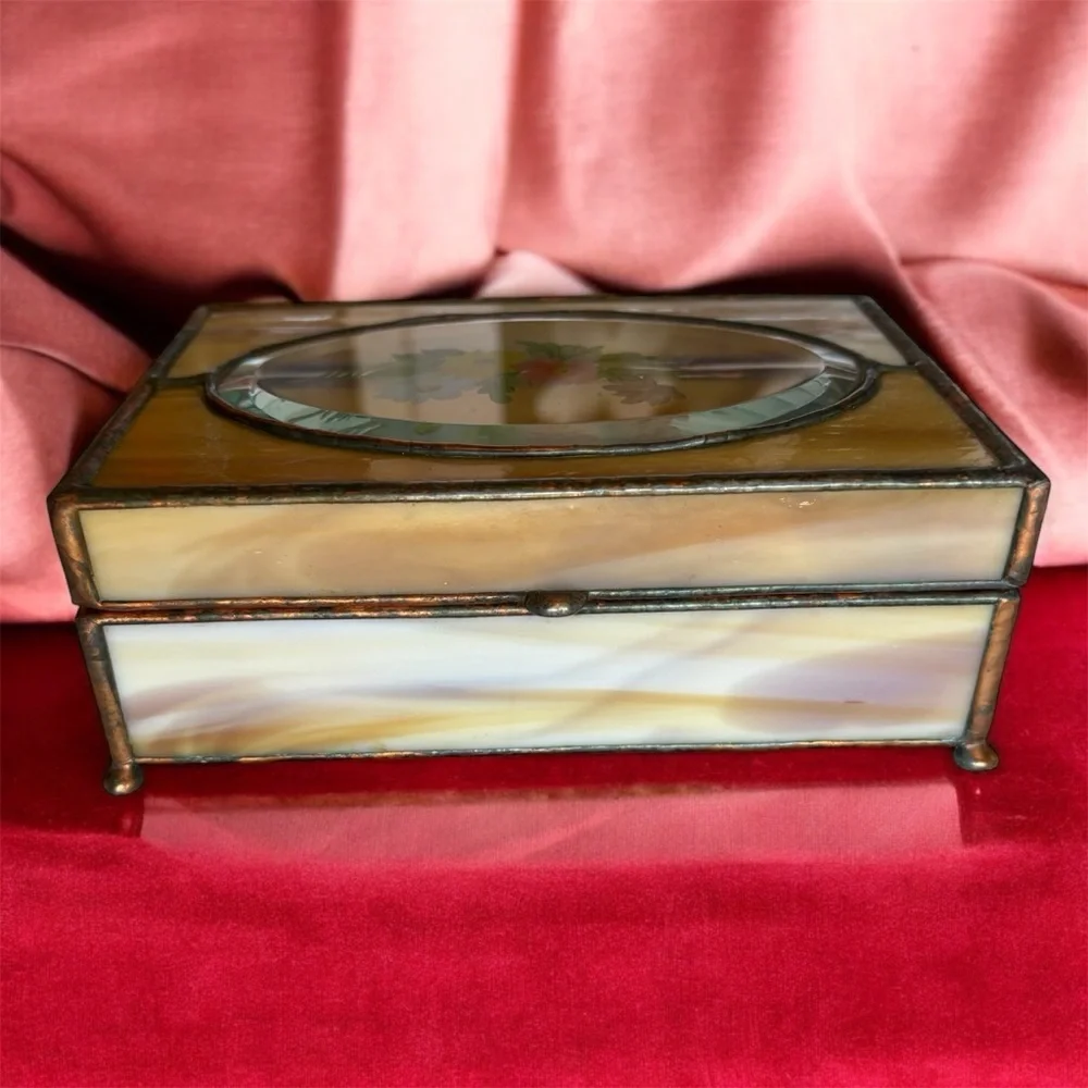 Vintage Stained Glass Jewelry Box with Mirror and Hand Painted Flowers